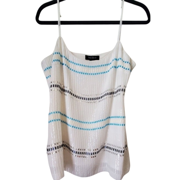 White House Black Market Tops - White House Black Market White And Blue Sequin Cami Tank Top Scoop Neck Size M